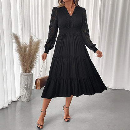 Autumn Sweet Elegant V neck Tight Waist Lace Long Sleeve Solid Color Dress Women by Ragazza