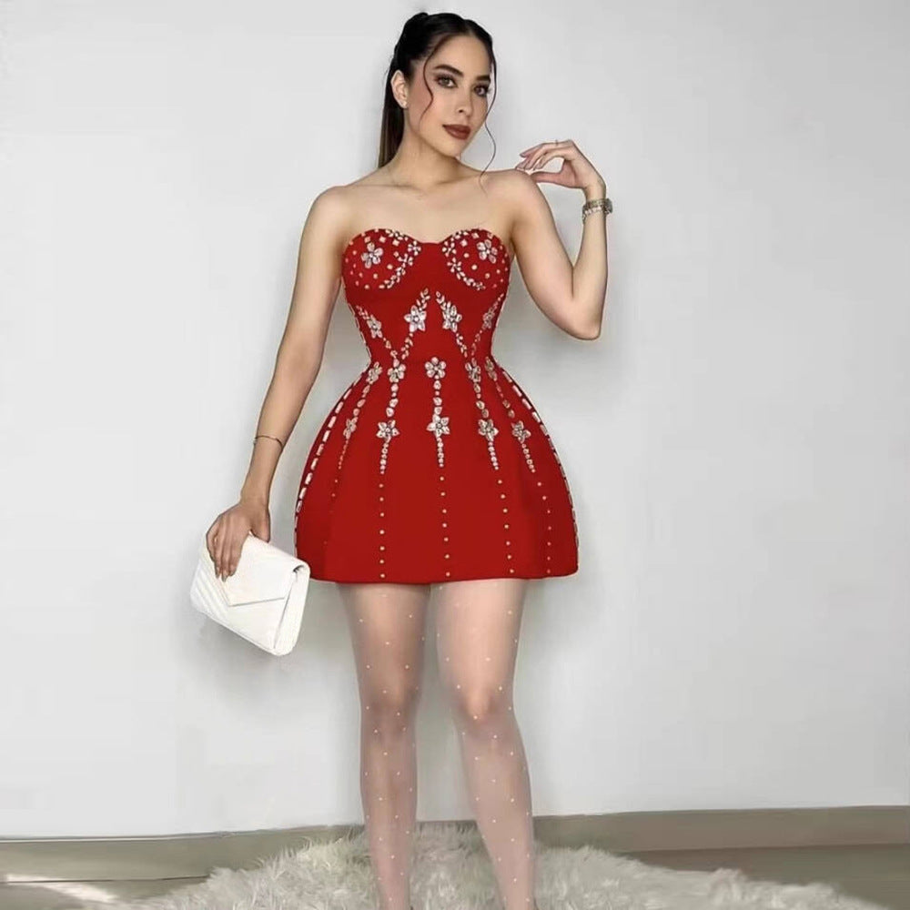 Heavy Industry Beads Diamond Tube Top Bandage One Piece Dress Cocktail Party Dress Mini Dress by Ragazza