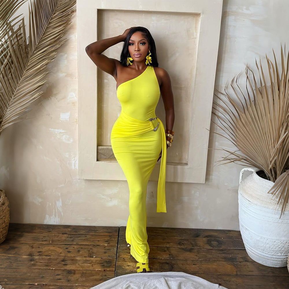 One Shoulder Solid Color Sheath Dress Solid Color Slim Fit Party Dress Tight  DestGlow