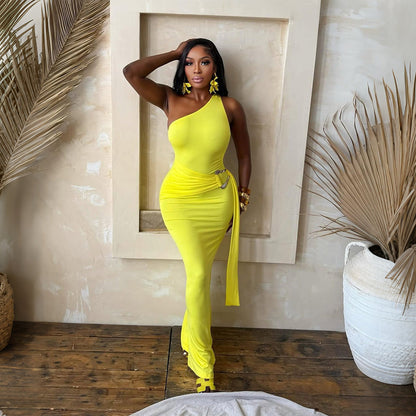One Shoulder Solid Color Sheath Dress Solid Color Slim Fit Party Dress Tight  DestGlow