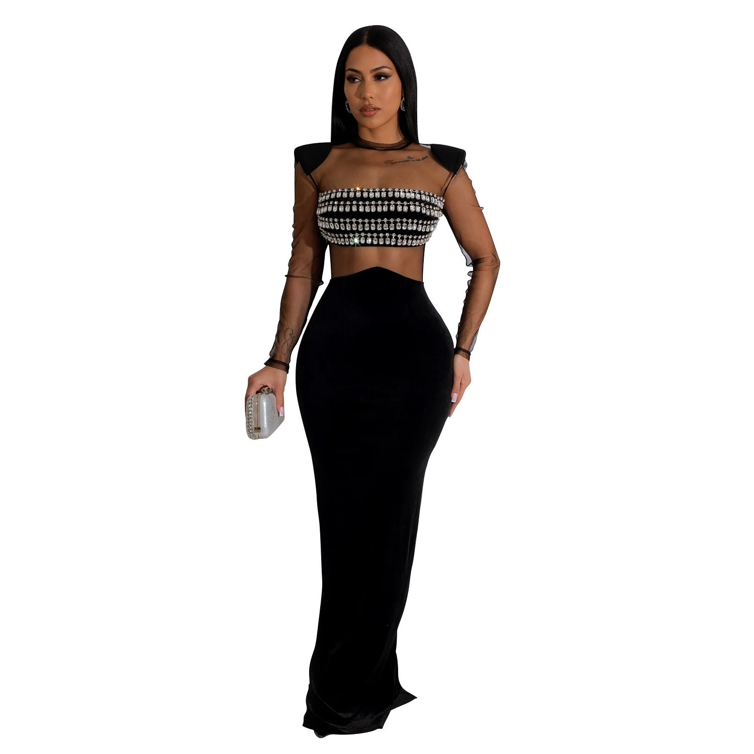 Women Wear Solid Color Mesh Rhinestone Long Sleeve Dress Dress by Ragazza