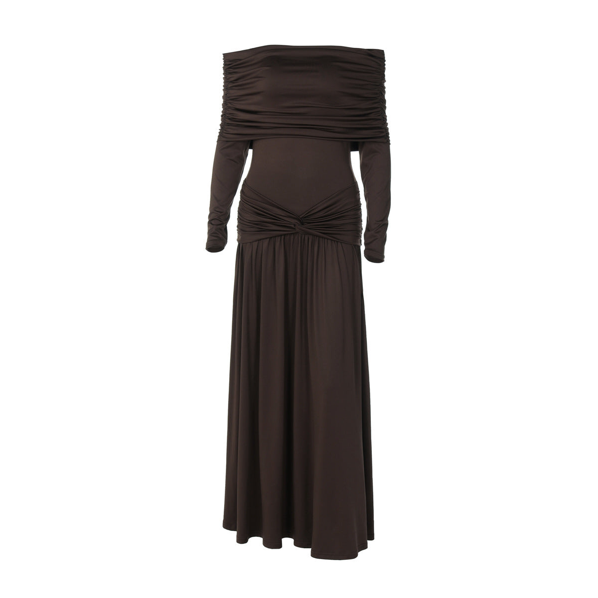 French Women Autumn off Neck Cinched Pleated Long Sleeve Dress by Ragazza