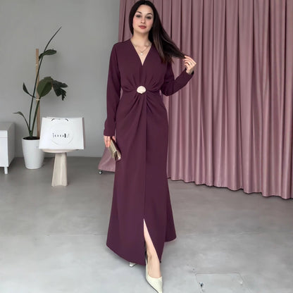 Fall V neck Long Sleeve Waist Controlled Pleated Women Dress by Ragazza