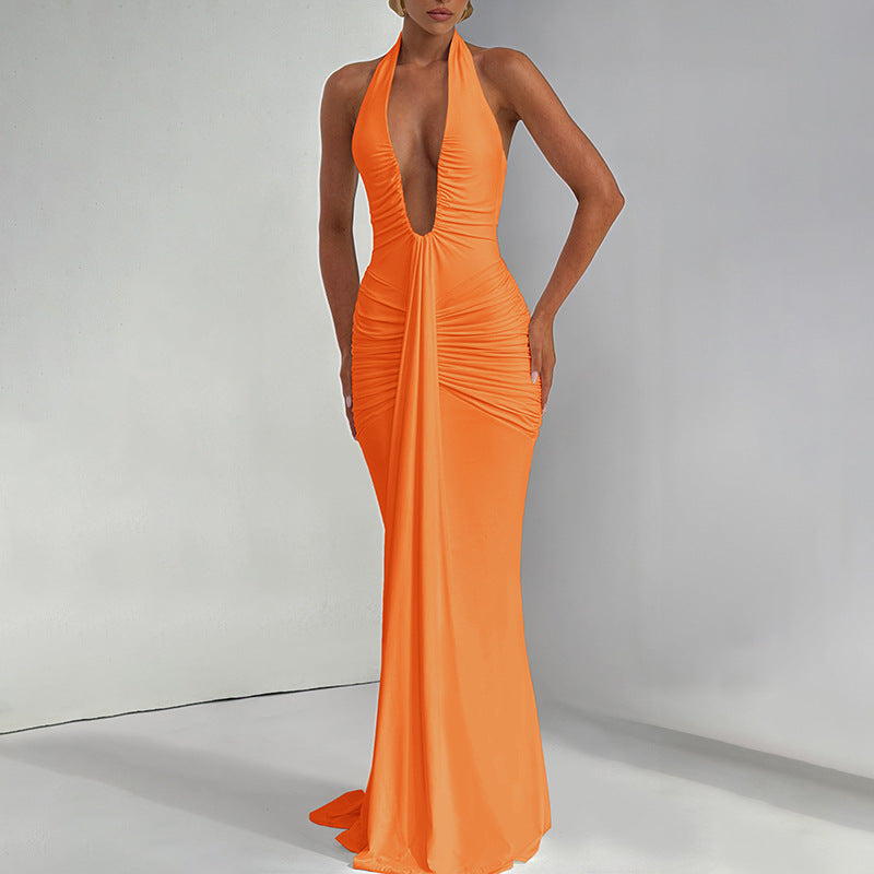 Spring Summer Women Elegant Sexy Deep V Plunge neck Halter Slim Pleated Dress Women by Ragazza