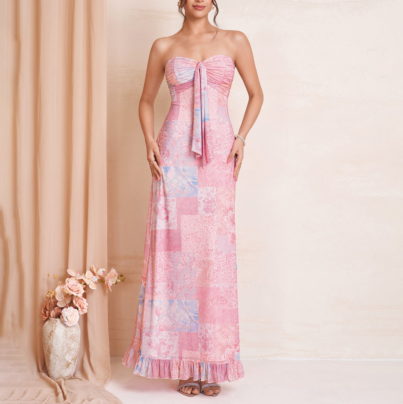 Summer Mesh Printed Dress Sexy Graceful Tube Top Lace up Backless Wooden Ear Decorative Dress by Ragazza