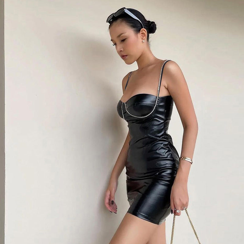 Women Clothing Leather Imitation Drill Chain Autumn Winter Sexy Slim Strap Sheath Dress by Ragazza