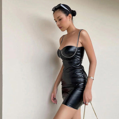 Women Clothing Leather Imitation Drill Chain Autumn Winter Sexy Slim Strap Sheath Dress by Ragazza