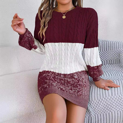Autumn Winter Casual Color Matching Twist Lantern Sleeve Woolen Dress Women Clothing by Ragazza