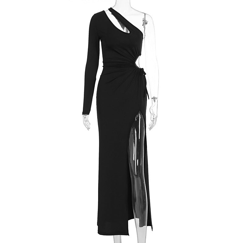 Fall One Shoulder Diagonal Collar Long Sleeve Dress Women Split Hollow Out Cutout Dress by Ragazza