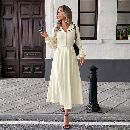 French Gentle Sailor Collar Contrast Color Waist Controlled Long Sleeves Dress  DestGlow