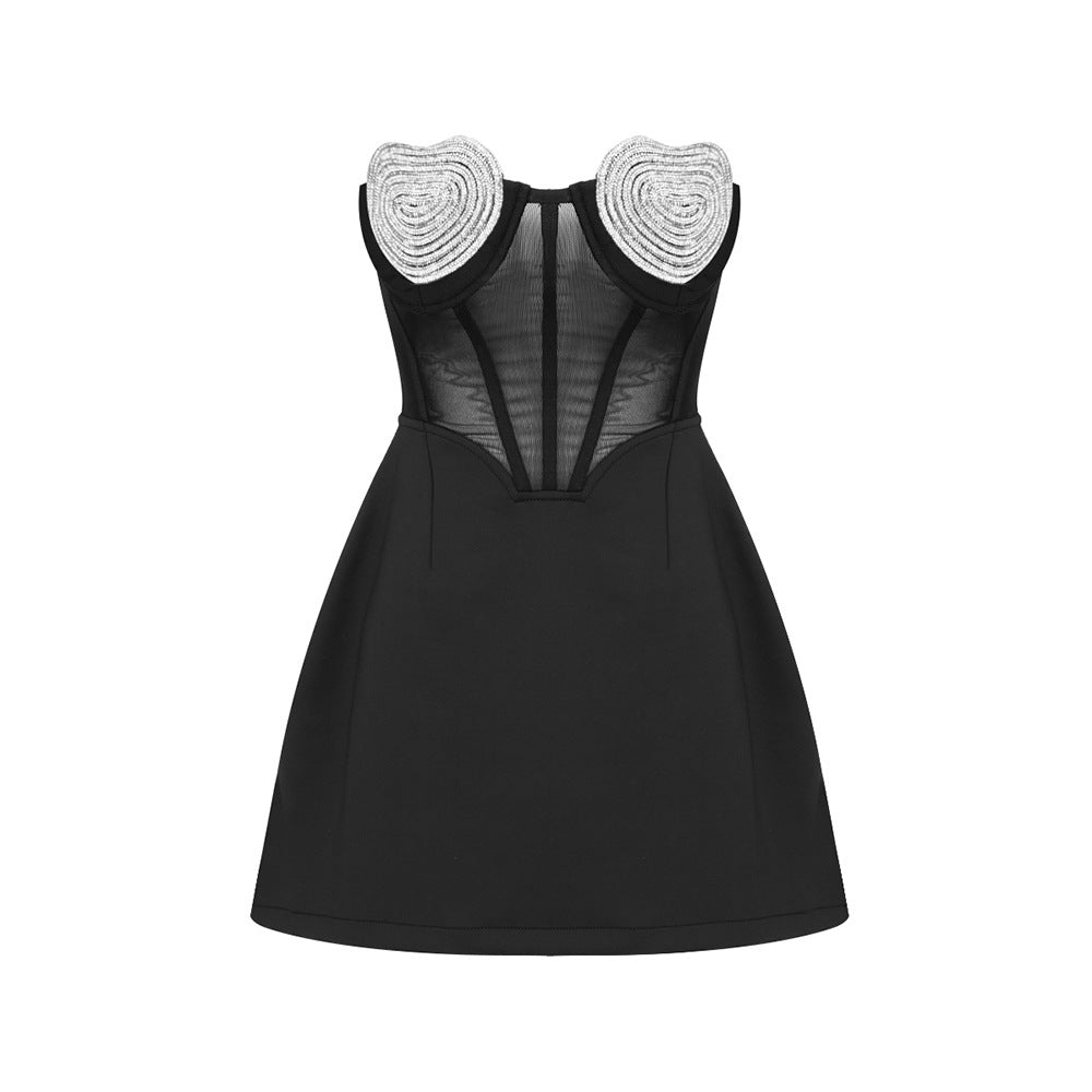 Sexy Peach Heart Drilling a Swing Strapless Dress Autumn Mesh See through Backless Dress by Ragazza