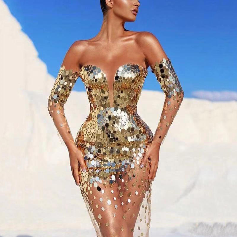 Summer Women Clothing Dress Sequined off Shoulder Sexy Mesh See through Long Evening Dress by Ragazza