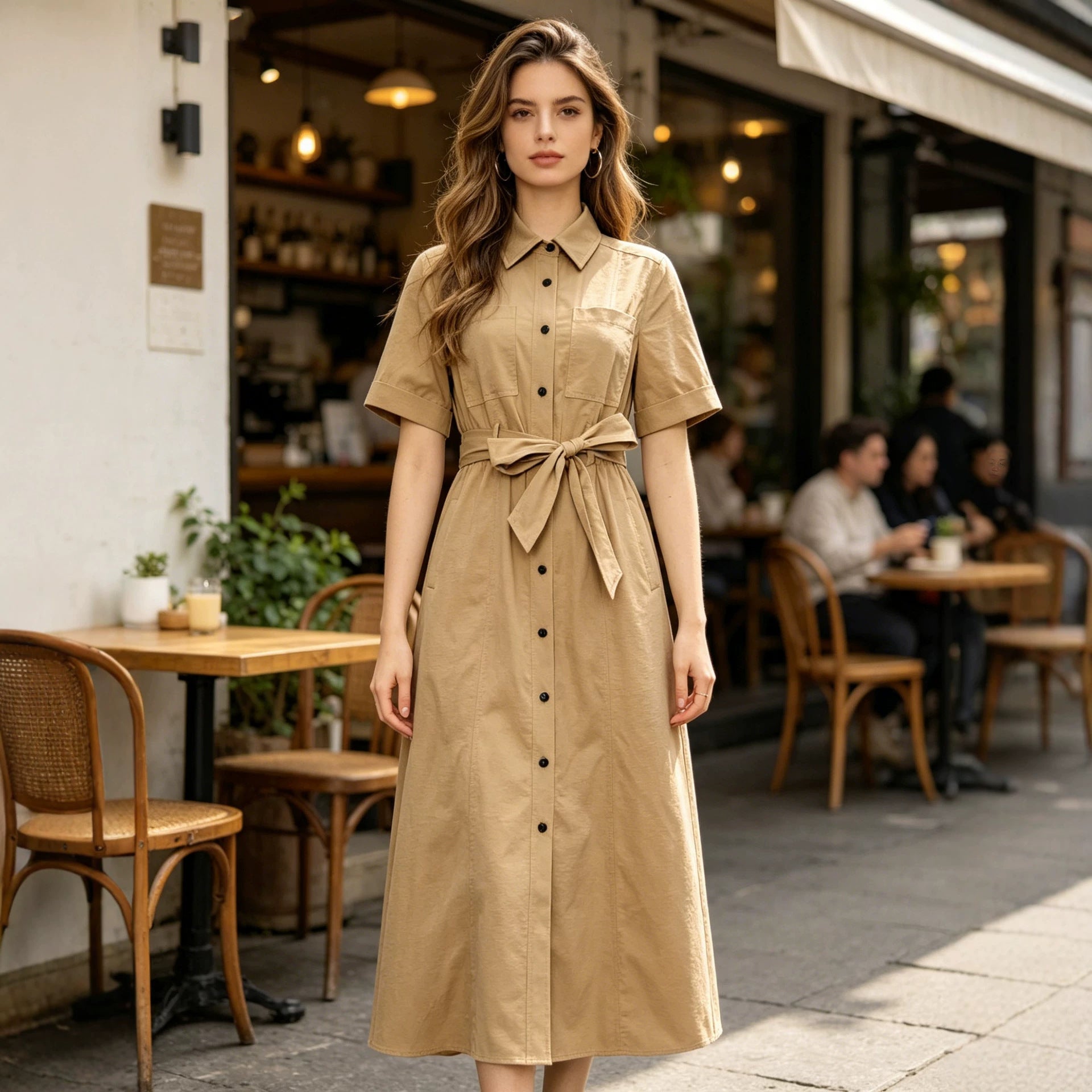 Women Short Sleeve Collared Waistband Breasted Decorative Khaki Shirt Dress by Ragazza