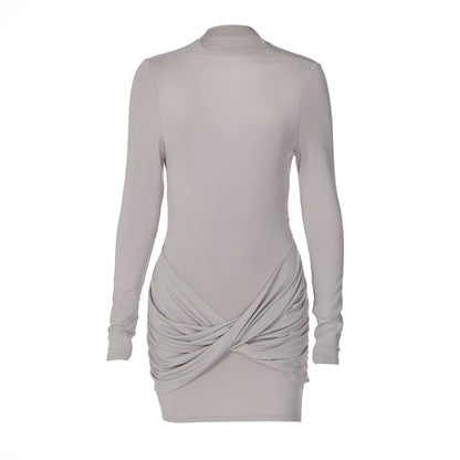 Women Clothing Solid Color Long Sleeve round Neck Pleated Slim Fit Backless Dress for Women by Ragazza