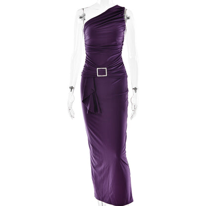Women Wear Maxi Dress Sexy One Shoulder Pleated Sheath Dress by Ragazza