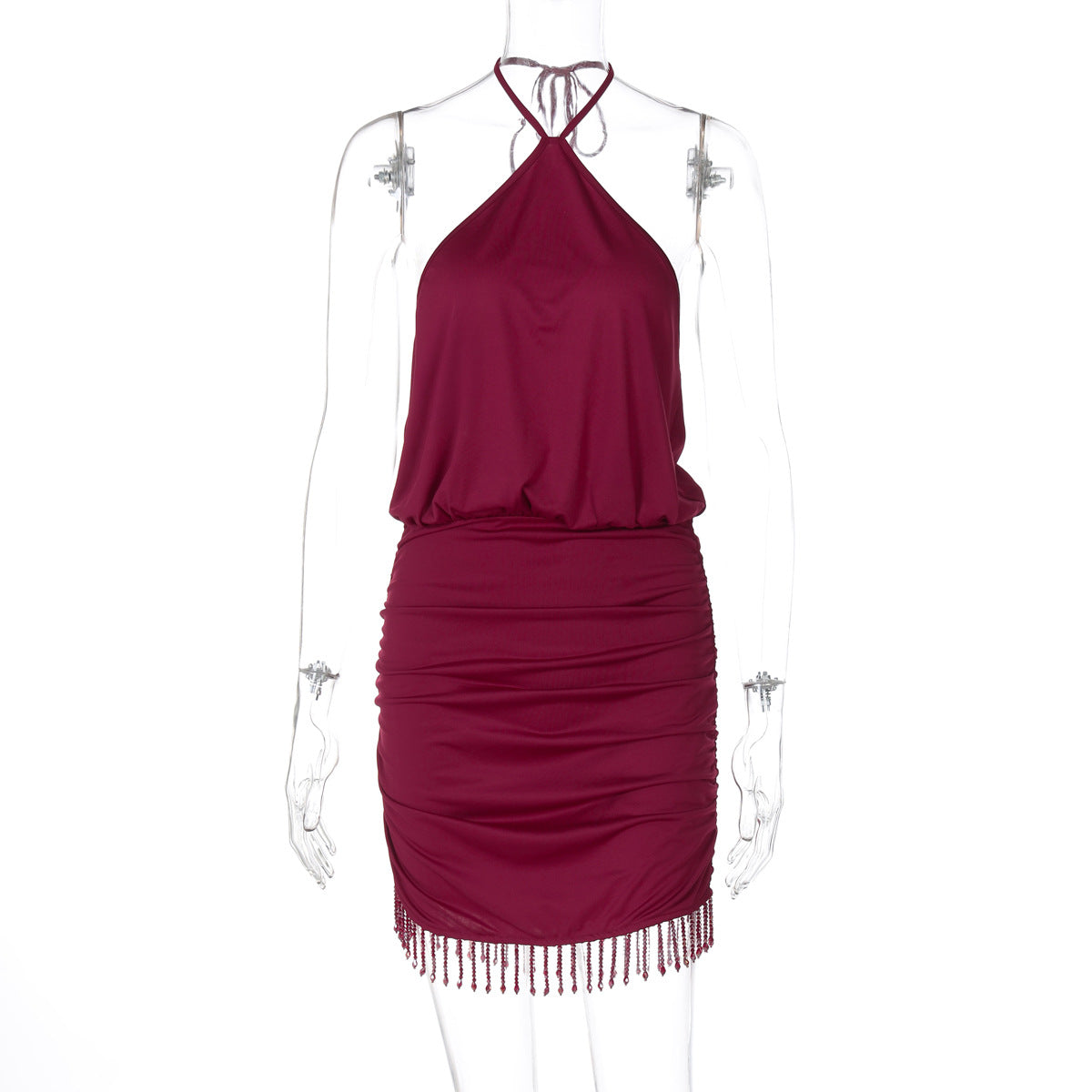 Women Clothing Autumn Lace Halter Sexy Backless Crystal Tassels Slim Fit Sheath Dress by Ragazza