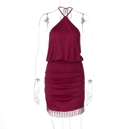 Women Clothing Autumn Lace Halter Sexy Backless Crystal Tassels Slim Fit Sheath Dress by Ragazza