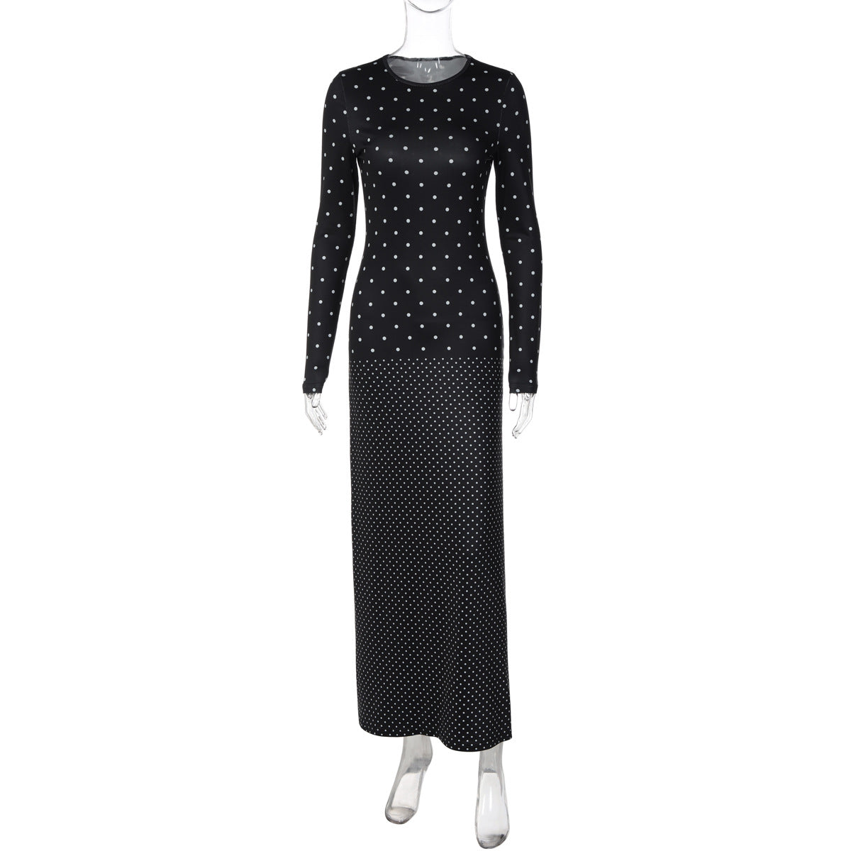 Women Autumn Long Sleeve round Neck Polka Dot Slim Fit Maxi Dress Casual Sheath Dress  DestGlow