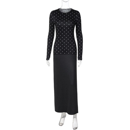 Women Autumn Long Sleeve round Neck Polka Dot Slim Fit Maxi Dress Casual Sheath Dress  DestGlow