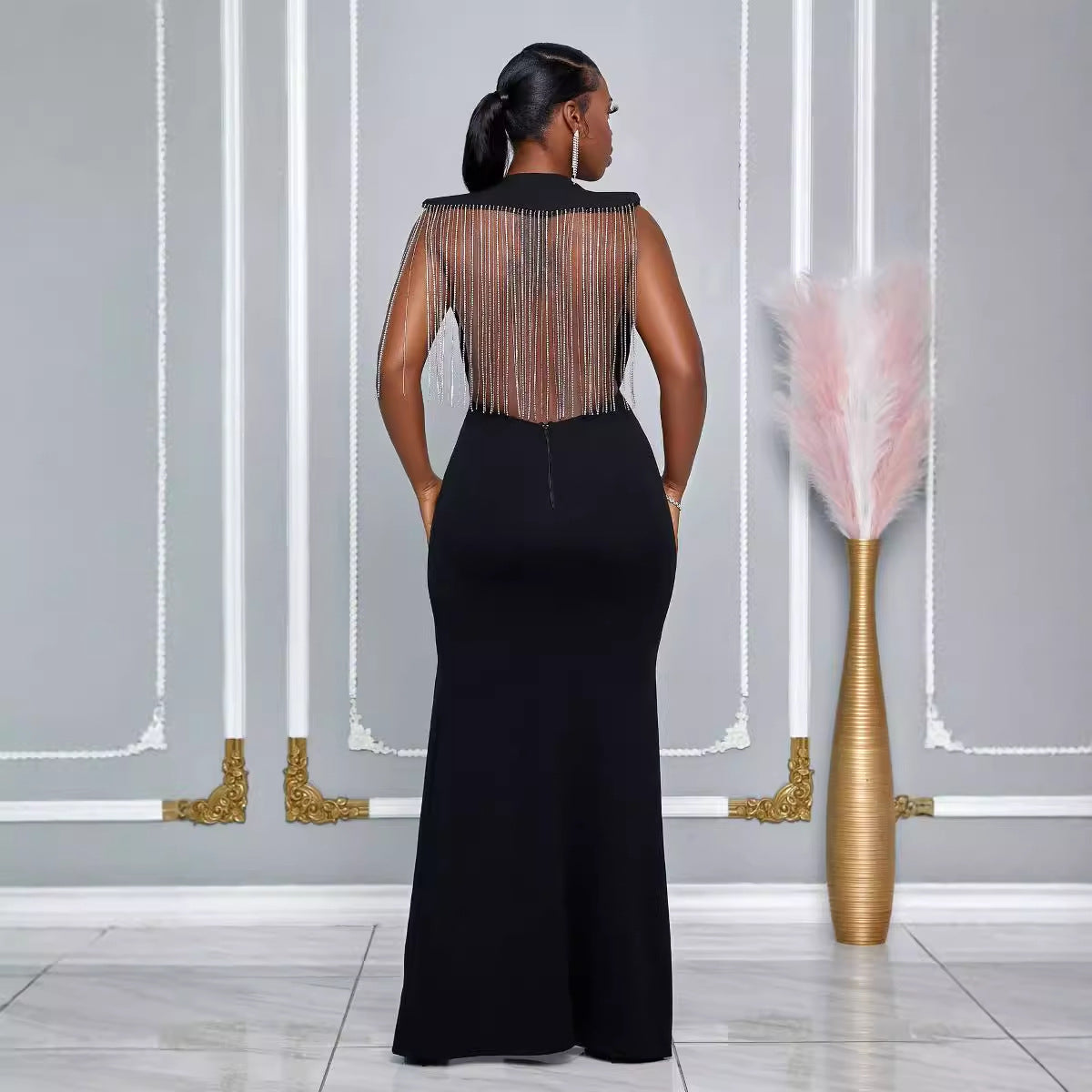 Round Neck Back Hollow Out Cutout Rhinestone Strip Slim Fit Slit Dress by Ragazza