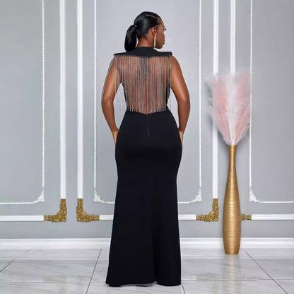Round Neck Back Hollow Out Cutout Rhinestone Strip Slim Fit Slit Dress by Ragazza