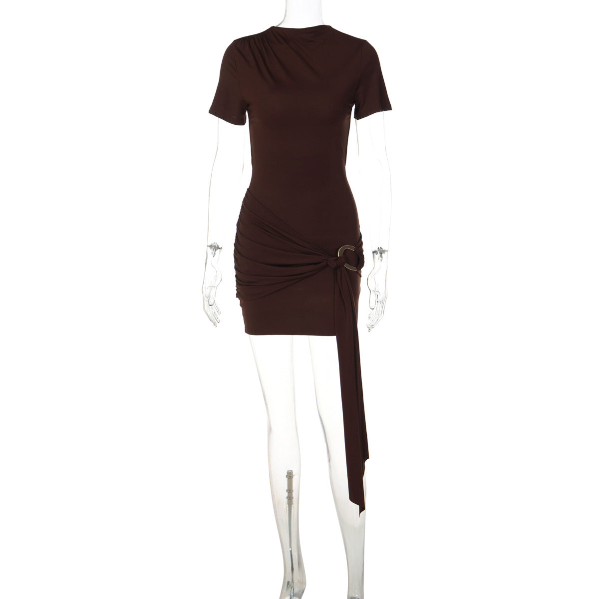 Women Clothing Autumn Fashionable Elegant Solid Color round Neck Short Sleeve Backless Waist Lace up Dress by Ragazza