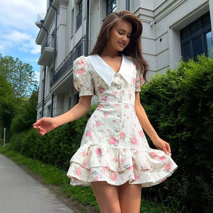 French V neck Puff Sleeve Dress Summer Waist Trimming Printing Short Dress Ruffled Dress by Ragazza