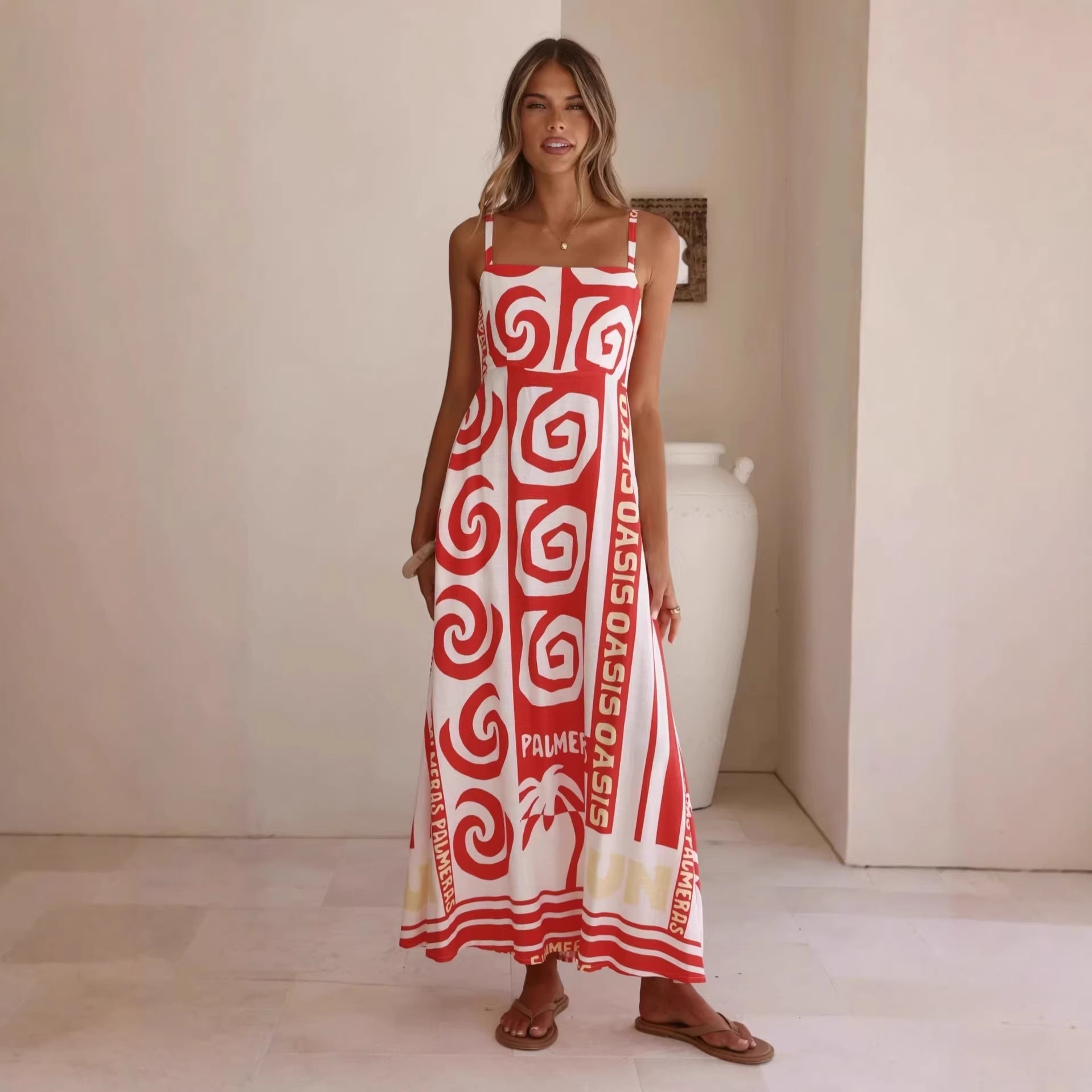 Summer Geometric Abstract Print Vacation Large Swing Cami Dress Women Dress by Ragazza