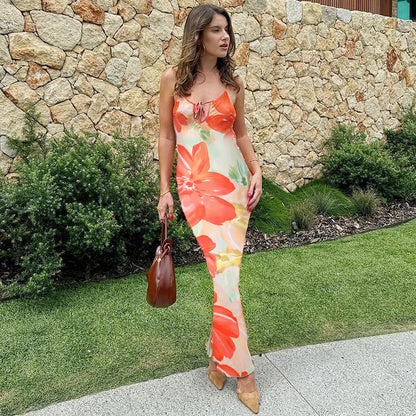Sexy Suspenders Hollow Out Cutout Print Backless Dress Women Vacation Sexy Dress by Ragazza
