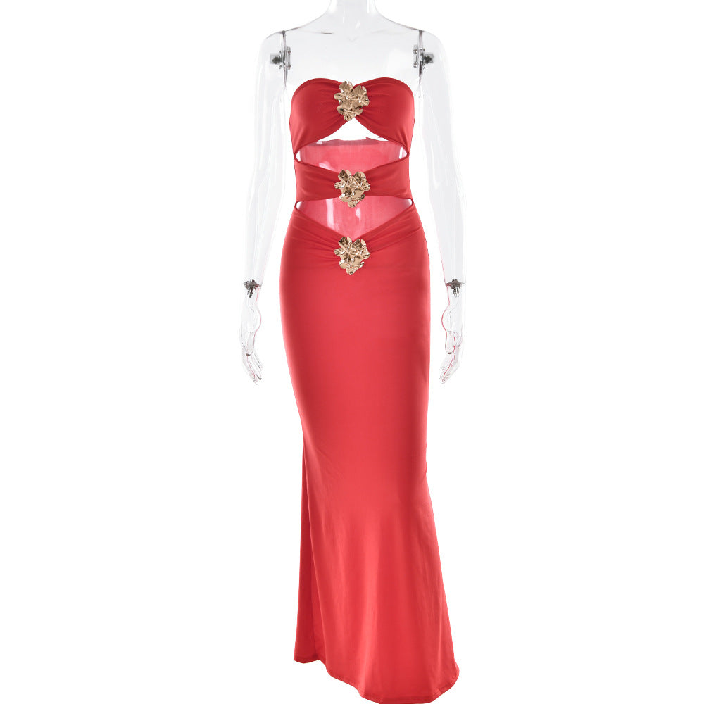 Summer Ladies Sexy Cutout Dress off Neck Metal Floral Sexy Slim Fit Maxi Dress by Ragazza