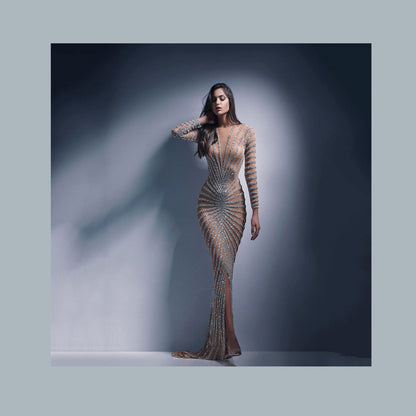 Spring Rhinestone Women Clothing Mesh See through Long Sleeve Split Maxi Dress by Ragazza