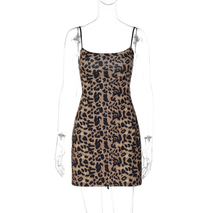 Women Clothing Summer Leopard Print Sexy Backless Lace up Waist Trimming Spaghetti Straps Dress for Women  DestGlow