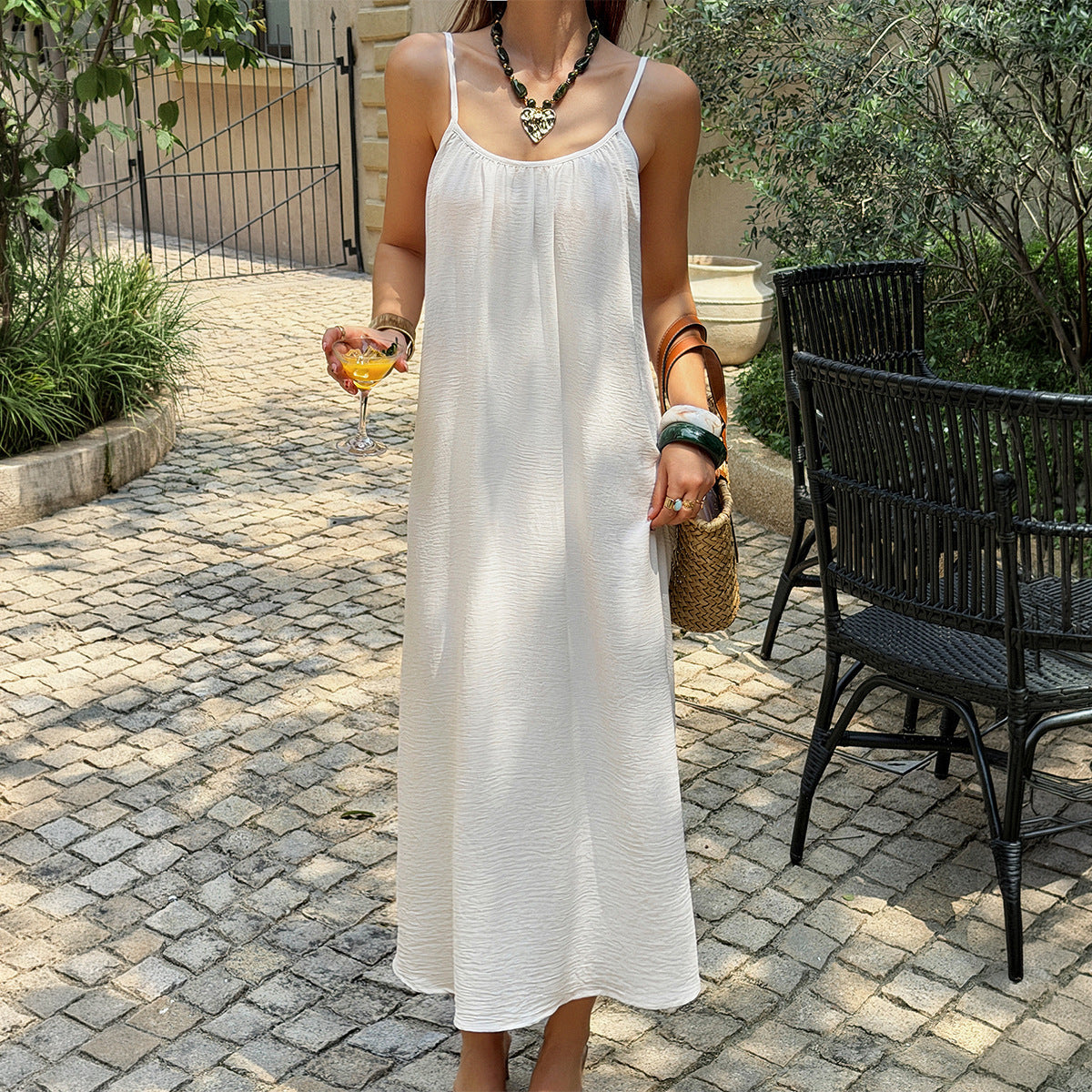 Women Clothing Summer French Vacation White Texture Pleated Dress  DestGlow