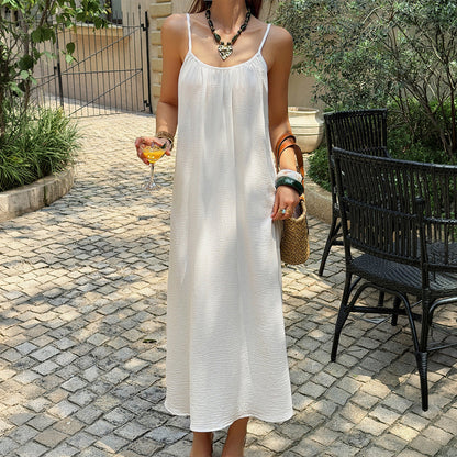 Women Clothing Summer French Vacation White Texture Pleated Dress  DestGlow