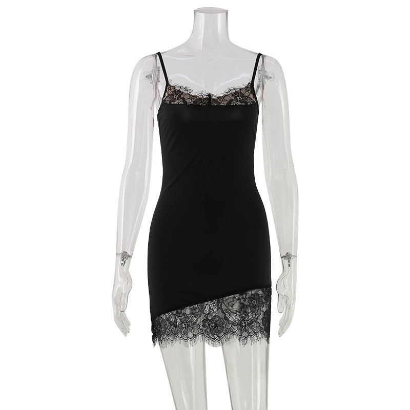 Sexy Women Lace Splicing Sling Dress Solid Color Women Clothing Sexy Dress  DestGlow