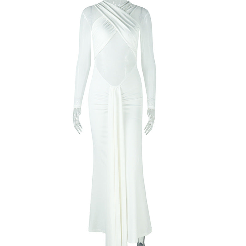 Elegant Simple Women Clothing Sexy Slim Hip Micro Transparent One Step Solid Color Pleated Wrapped Chest Length Dress by Ragazza