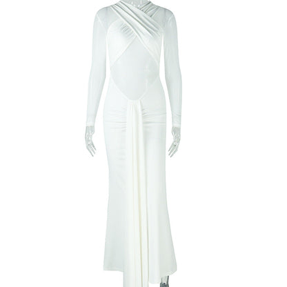 Elegant Simple Women Clothing Sexy Slim Hip Micro Transparent One Step Solid Color Pleated Wrapped Chest Length Dress by Ragazza