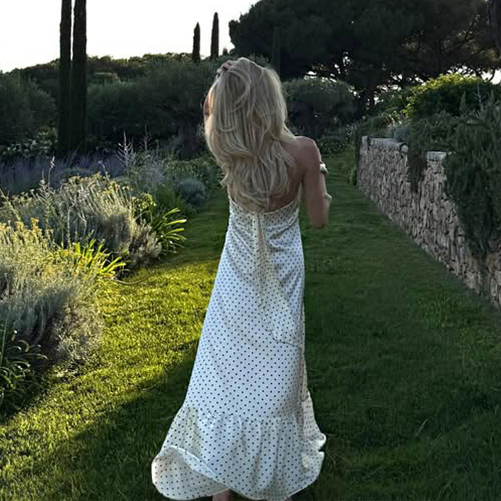 French Halter Polka Dot Satin Dress Sexy Elegant Backless Waist Trimming Dress by Ragazza