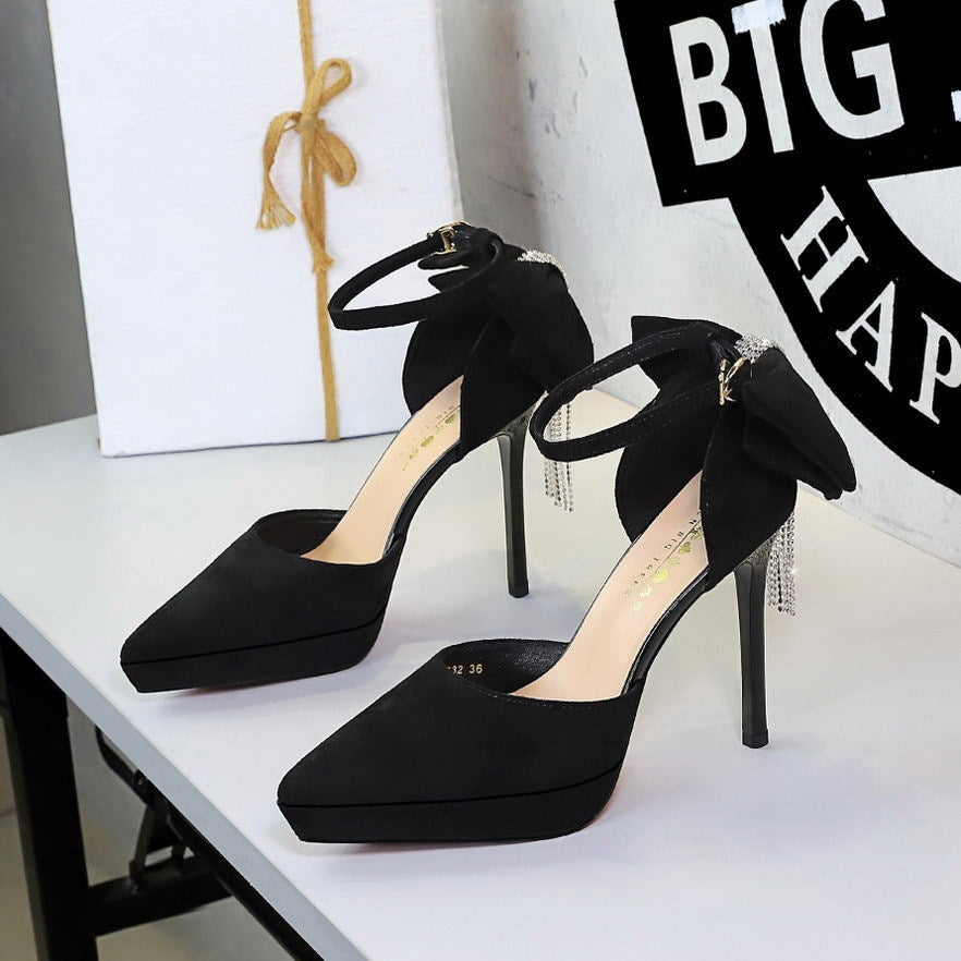 Cocktail Black Platform Pointed Toe Buckle Suede Back Bow Rhinestone Sandals  DestGlow