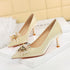 French Metal High Heel Women Shoes Rhinestone Floral Decoration Pointed Toe Satin Stiletto Heel Pumps Women  DestGlow