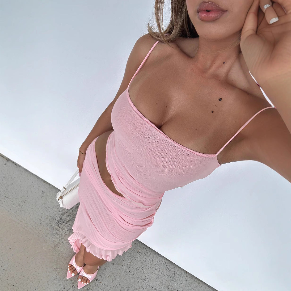 Vacation Women Clothing Cropped Outfit Ruffled Mesh Dress Irregular Asymmetric Solid Color Elegant Graceful Halter by Ragazza