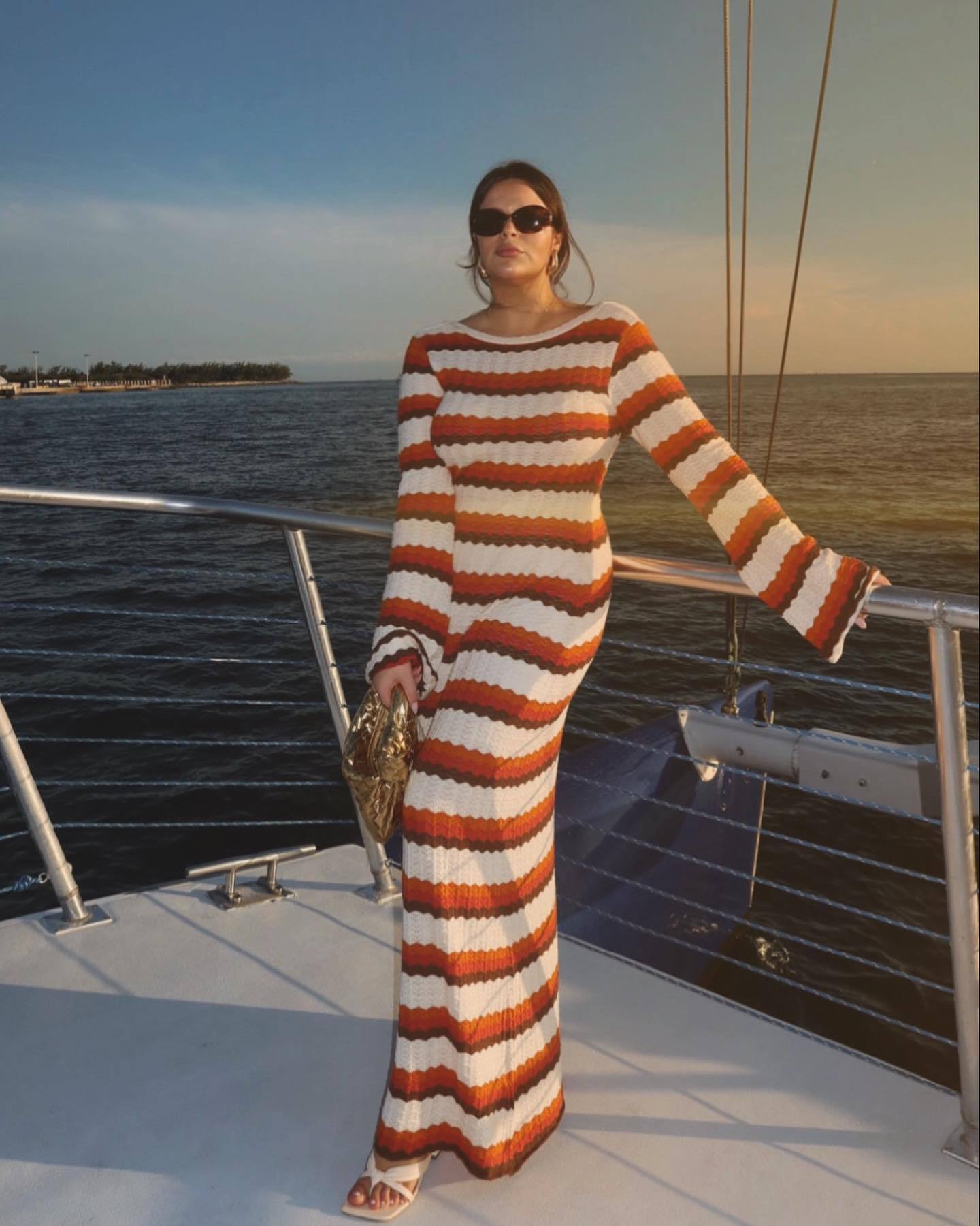 Striped Contrast Color Beach Vacation Sexy Dress Knitted Hollow Out Cutout Maxi Dress Blouse Summer Women by Ragazza