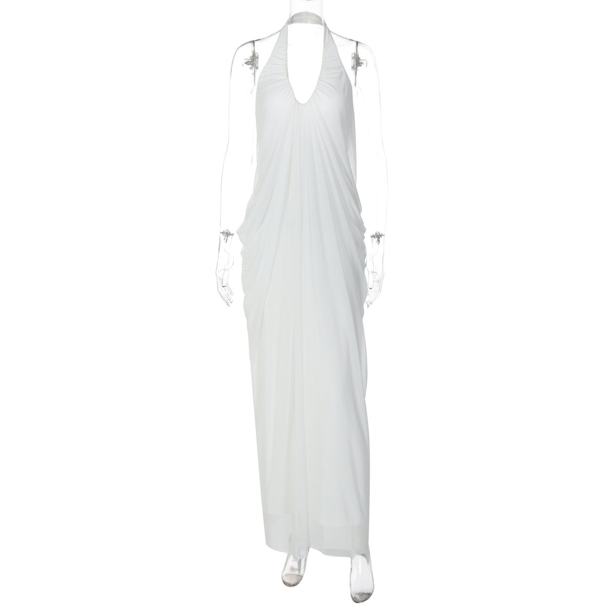Women Clothing Autumn Sexy Loose Backless Sleeveless V neck Pleated Long Halter Mesh Dress by Ragazza