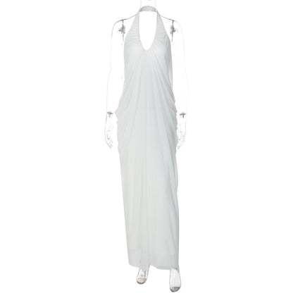 Women Clothing Autumn Sexy Loose Backless Sleeveless V neck Pleated Long Halter Mesh Dress by Ragazza