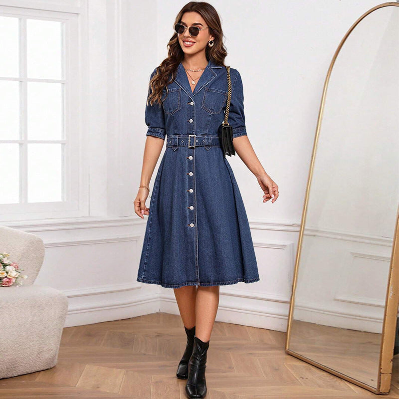Women Clothing Denim Tight Waist Fit Slimming Short Sleeve Dress by Ragazza