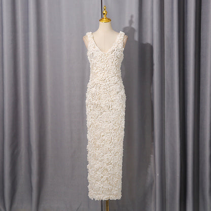 Pure White Three Dimensional Floral Embroidered Dress Autumn Dress Cami Dress Heavy Work Dress by Ragazza