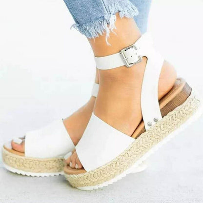 plus Size Summer Platform Heel Buckle Sandals Women Leopard Print Hemp Rope Woven Wedge  DestGlow
