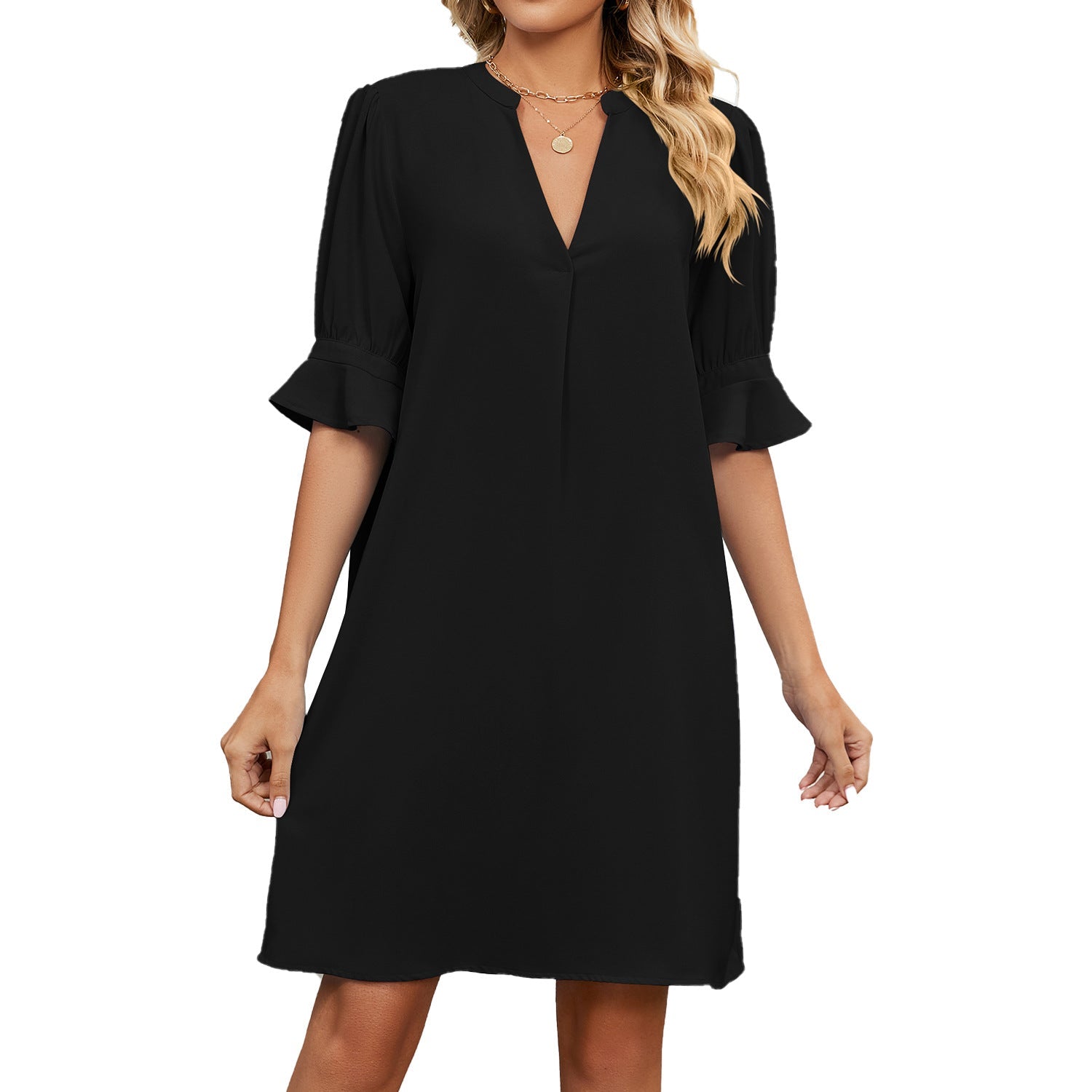 Summer Solid Color V neck Loose Pleated Half Length Sleeve Dress Women by Ragazza