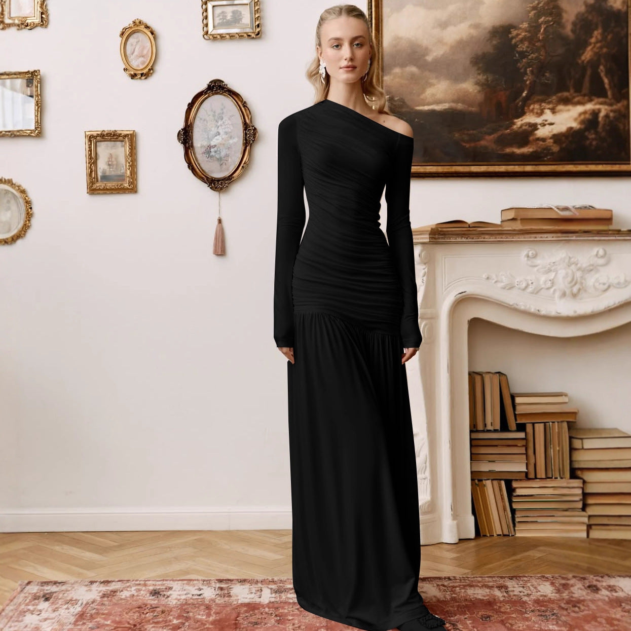Women Clothing Autumn Solid Color One Shoulder Cold Shoulder Long Sleeve Stitching Dress by Ragazza