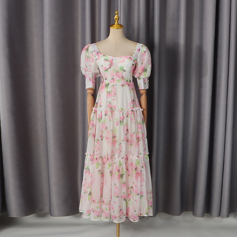Romantic Retro Dress off Shoulder Heart Shaped Tube Top Boning Corset Waist Slimming Printed Dress  DestGlow